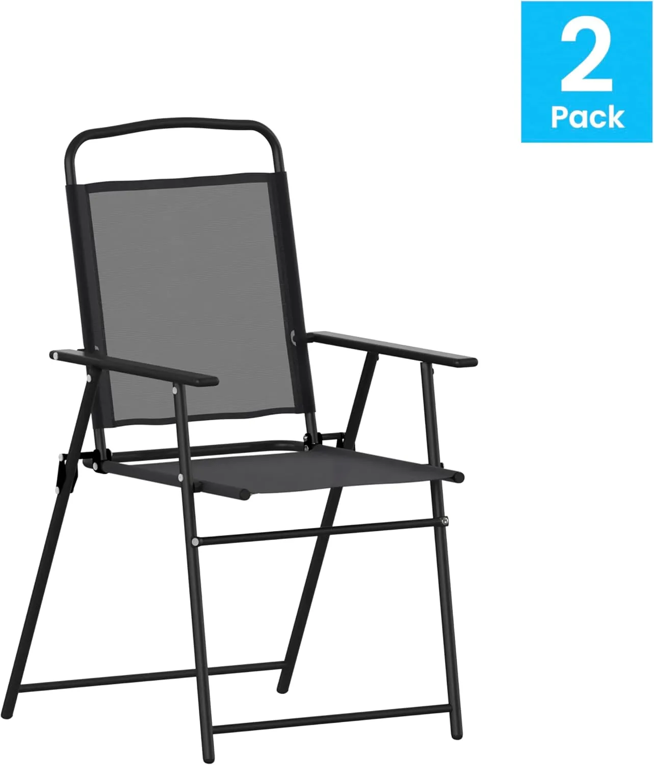 Flash Furniture Mystic Folding Patio Sling Chairs, Outdoor Textilene Lawn Chairs with Armrests, Set of 2, Black