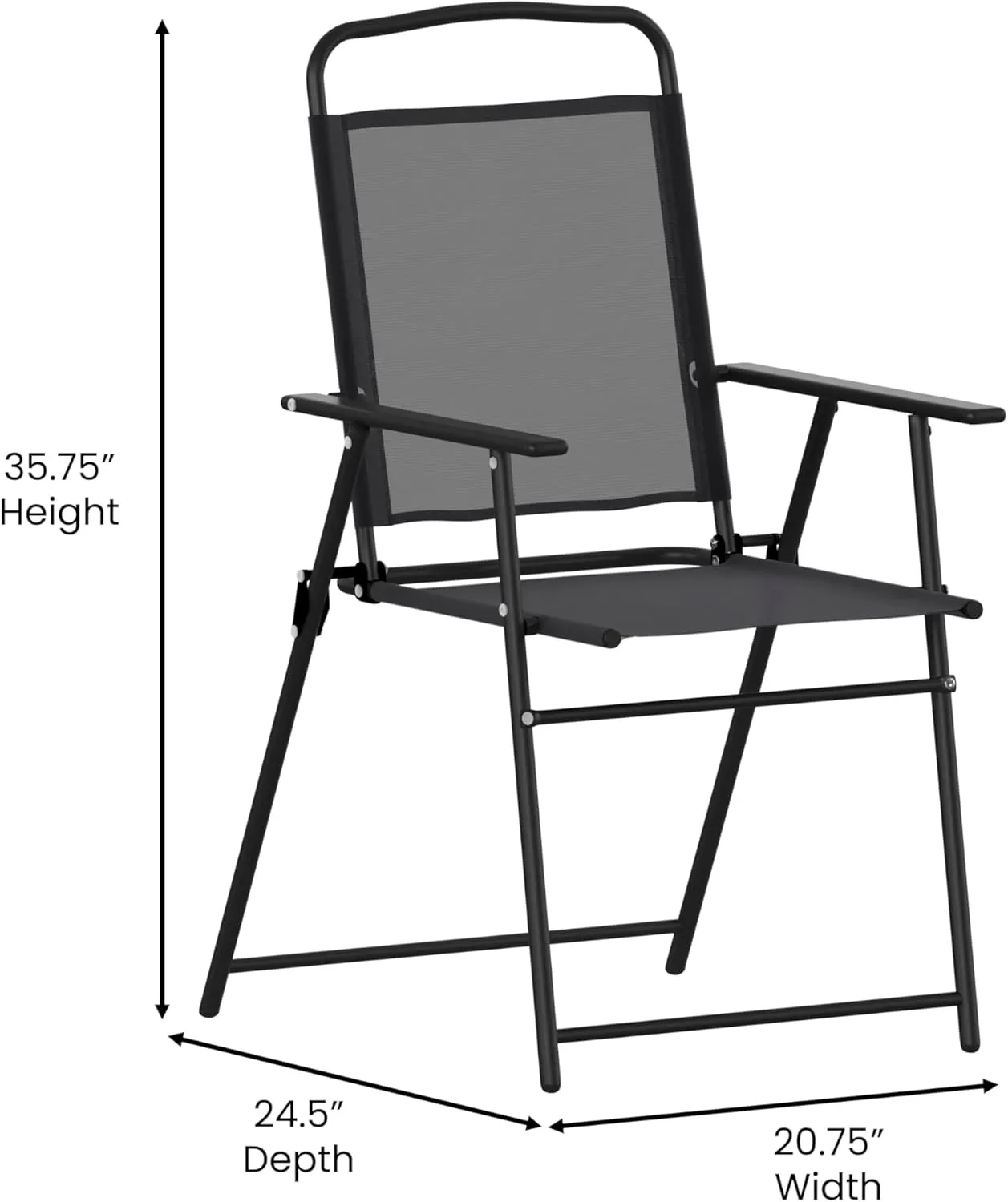 Flash Furniture Mystic Folding Patio Sling Chairs, Outdoor Textilene Lawn Chairs with Armrests, Set of 2, Black
