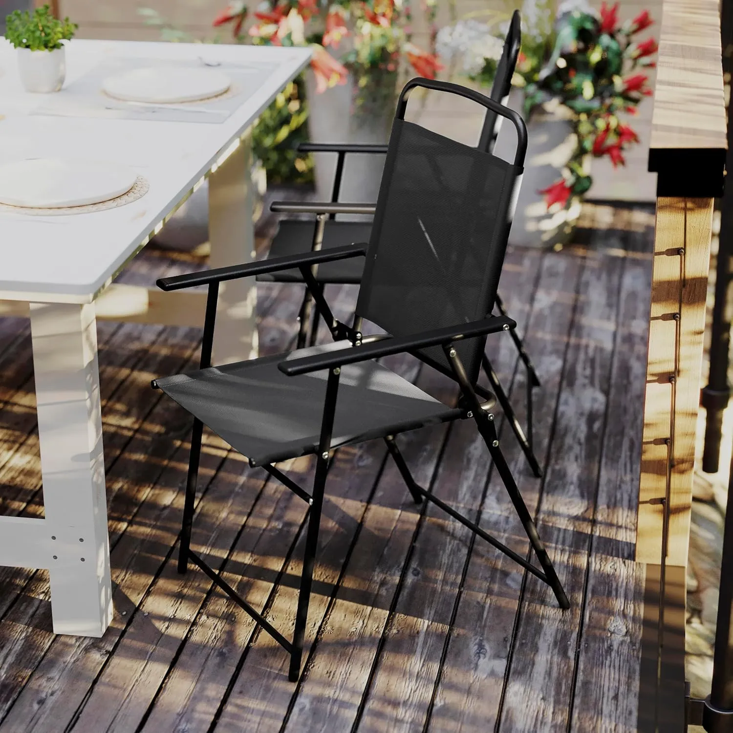 Flash Furniture Mystic Folding Patio Sling Chairs, Outdoor Textilene Lawn Chairs with Armrests, Set of 2, Black