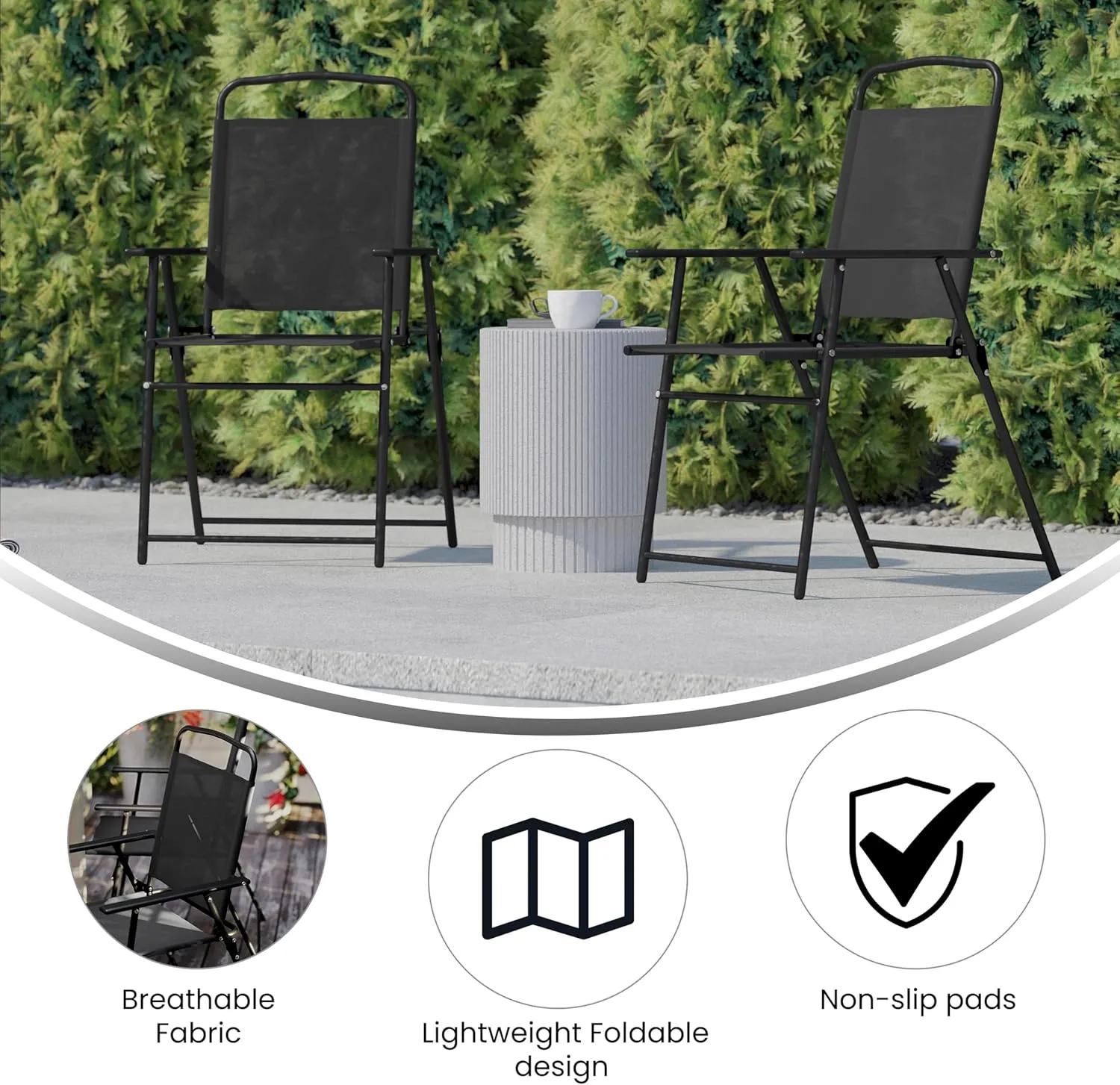Flash Furniture Mystic Folding Patio Sling Chairs, Outdoor Textilene Lawn Chairs with Armrests, Set of 2, Black