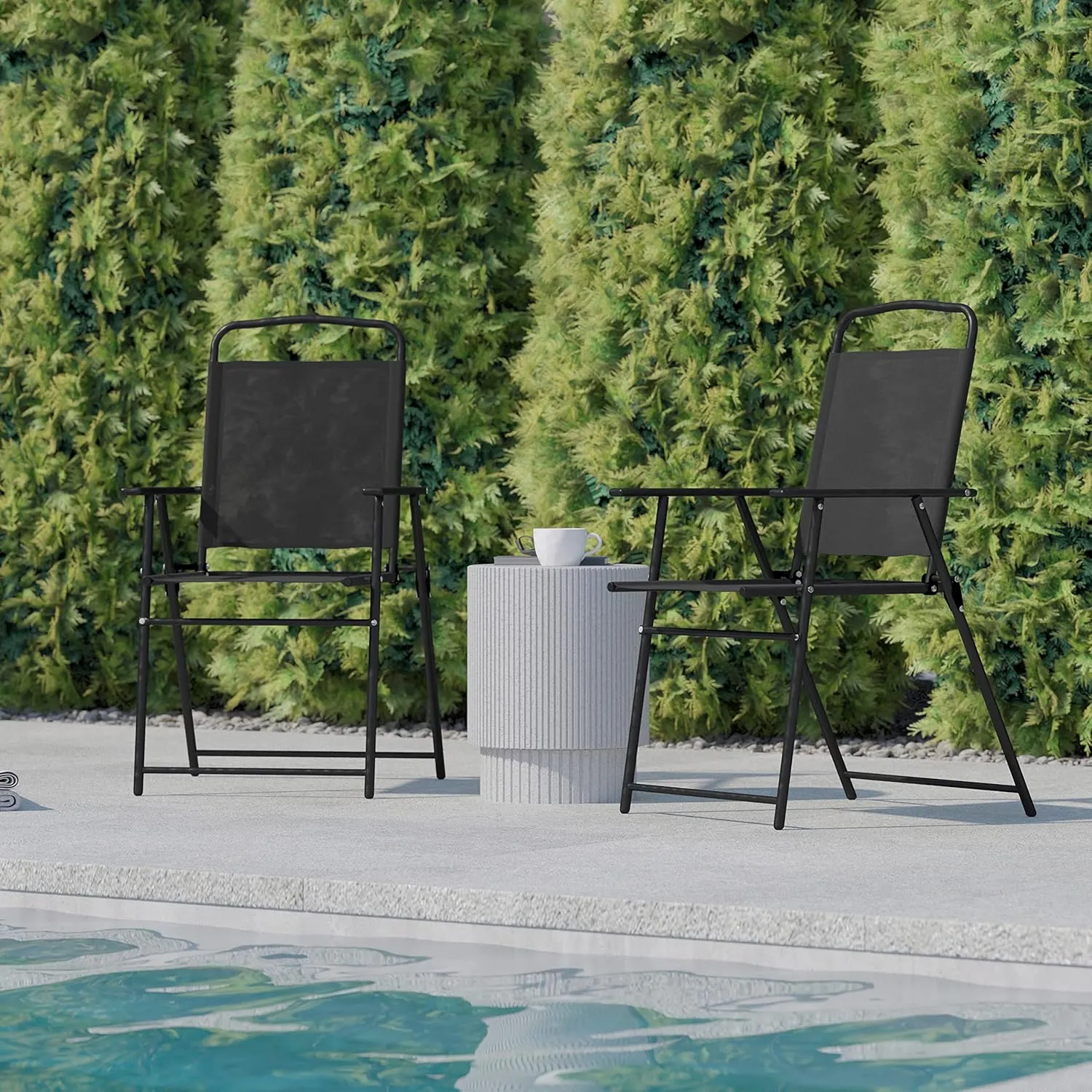 Flash Furniture Mystic Folding Patio Sling Chairs, Outdoor Textilene Lawn Chairs with Armrests, Set of 2, Black