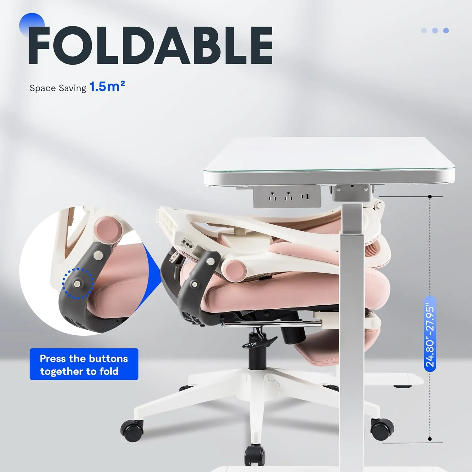 FLEXISPOT Foldex Ergonomic Office Chair, Folding Chair for Small Spaces with Lumbar Support, Flip-up Armrests, 3D Headrest, Desk Chairs with Footrest for Work,Video Game,Gift (Foam Seat, Pink)