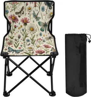 Flower Butterfly Dragonfly Portable Outdoor Folding Chair Anti-Slip Padded Oxford Cloth Stool Camping Chair Small for Beach Hiking Fishing Gardening Quad Camp Chair