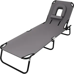 Foldable Camping Cot, Reclining Folding Chaise for Indoor Outdoor Travel Heavy Duty Summer Lounger Chair with Face Hole Height Adjustable, Sunbathing Chair for Patio, Poolside, Lawn, Beach