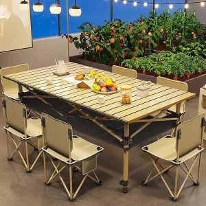 Foldable Camping Table Chair Set, Roll-up Picnic Table with Carrying Bag for Outdoor Picnic, Camping, BBQ, Party, Backyard, Beach,Beige