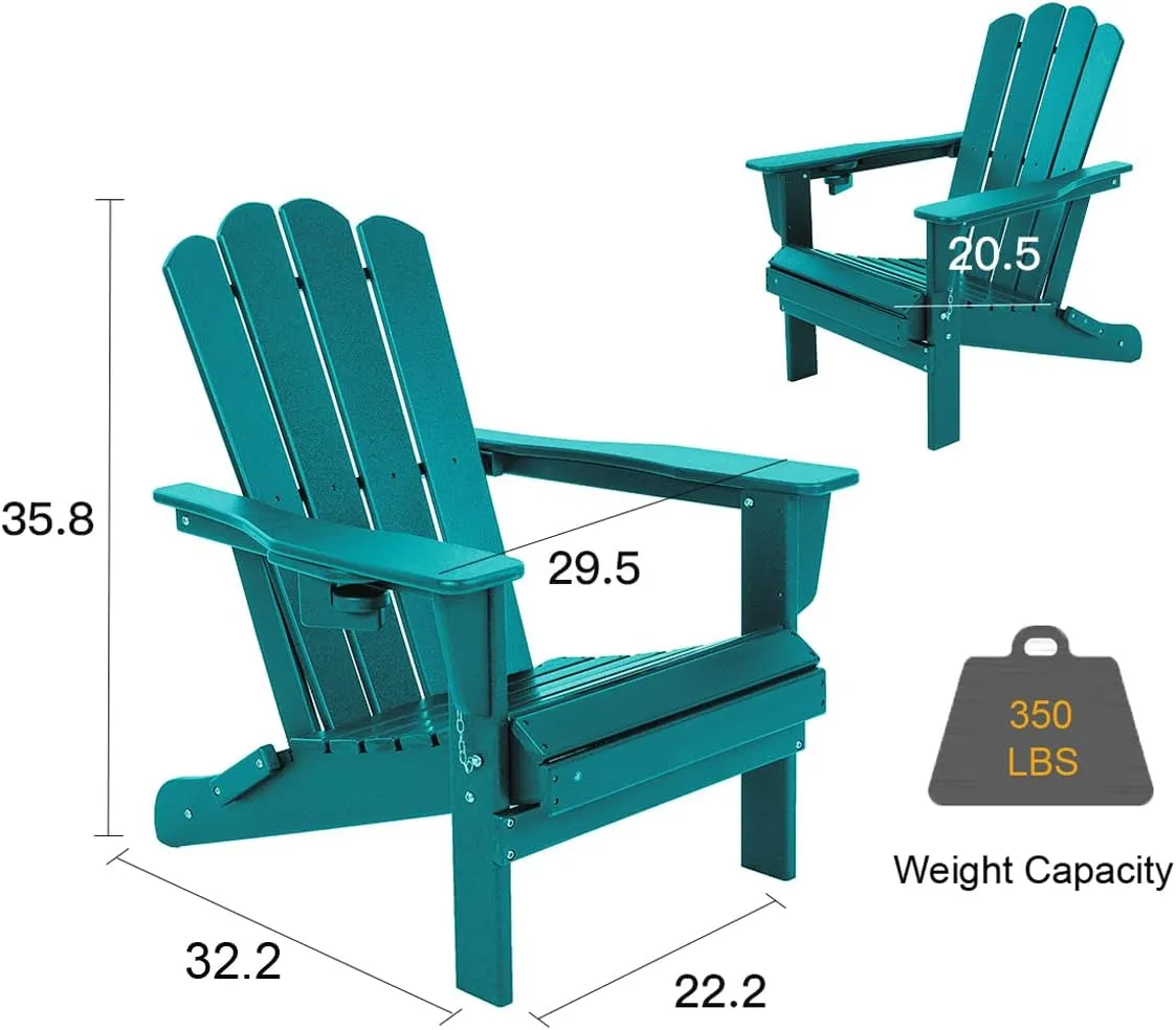 Folding Adirondack Plastic Outdoor Patio HDPE Weather Resistant Fire Pit Chairs for Deck Backyard Lawn Garden, Extra Large, Blue