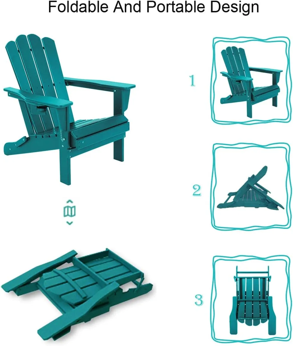 Folding Adirondack Plastic Outdoor Patio HDPE Weather Resistant Fire Pit Chairs for Deck Backyard Lawn Garden, Extra Large, Blue