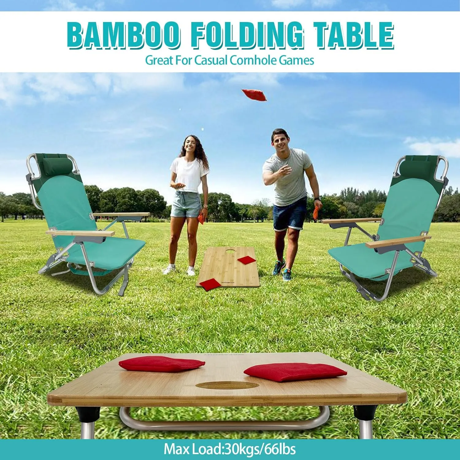 Folding Backpack Beach Chair 2 Pack Aluminum 5-Position with Camping Bamboo Table Lay Flat Lounge Chair Outdoor for Adults with Insulated Cooler Bag