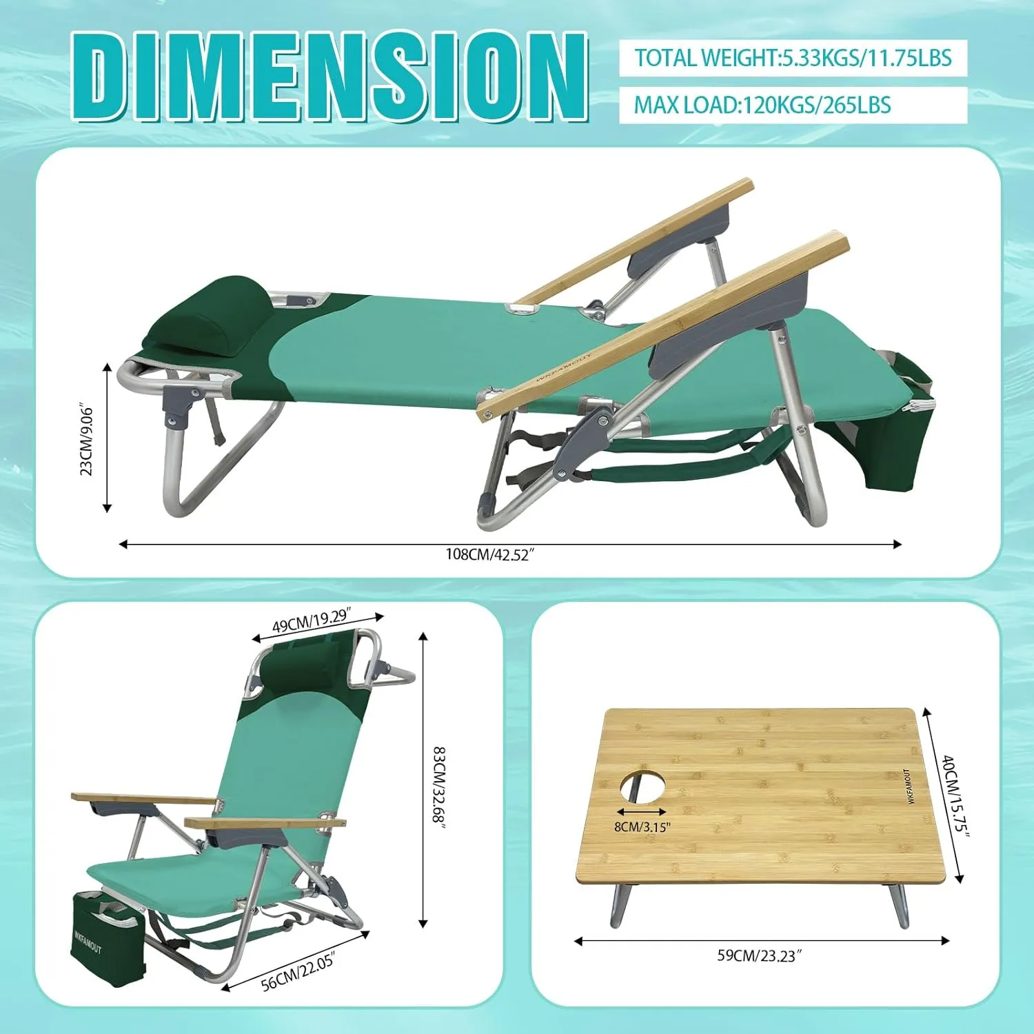 Folding Backpack Beach Chair 2 Pack Aluminum 5-Position with Camping Bamboo Table Lay Flat Lounge Chair Outdoor for Adults with Insulated Cooler Bag