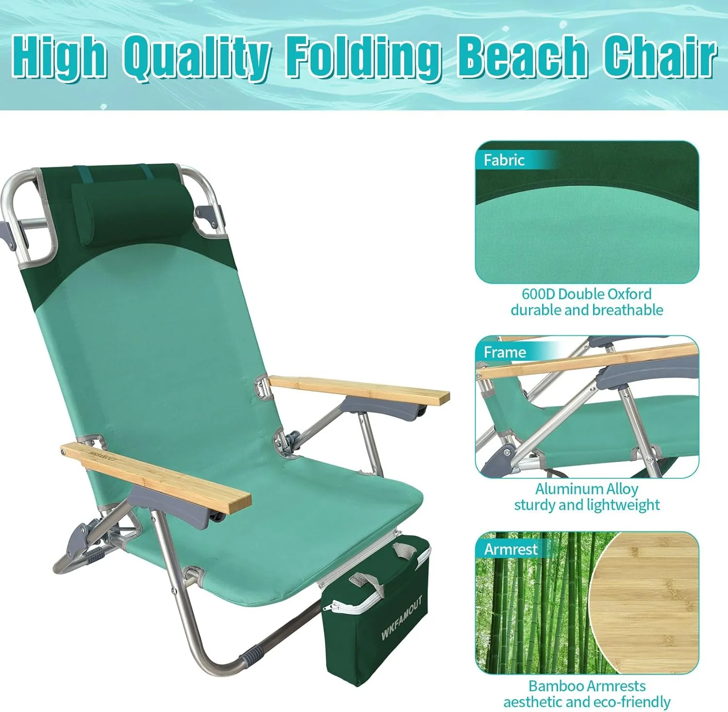 Folding Backpack Beach Chair 2 Pack Aluminum 5-Position with Camping Bamboo Table Lay Flat Lounge Chair Outdoor for Adults with Insulated Cooler Bag