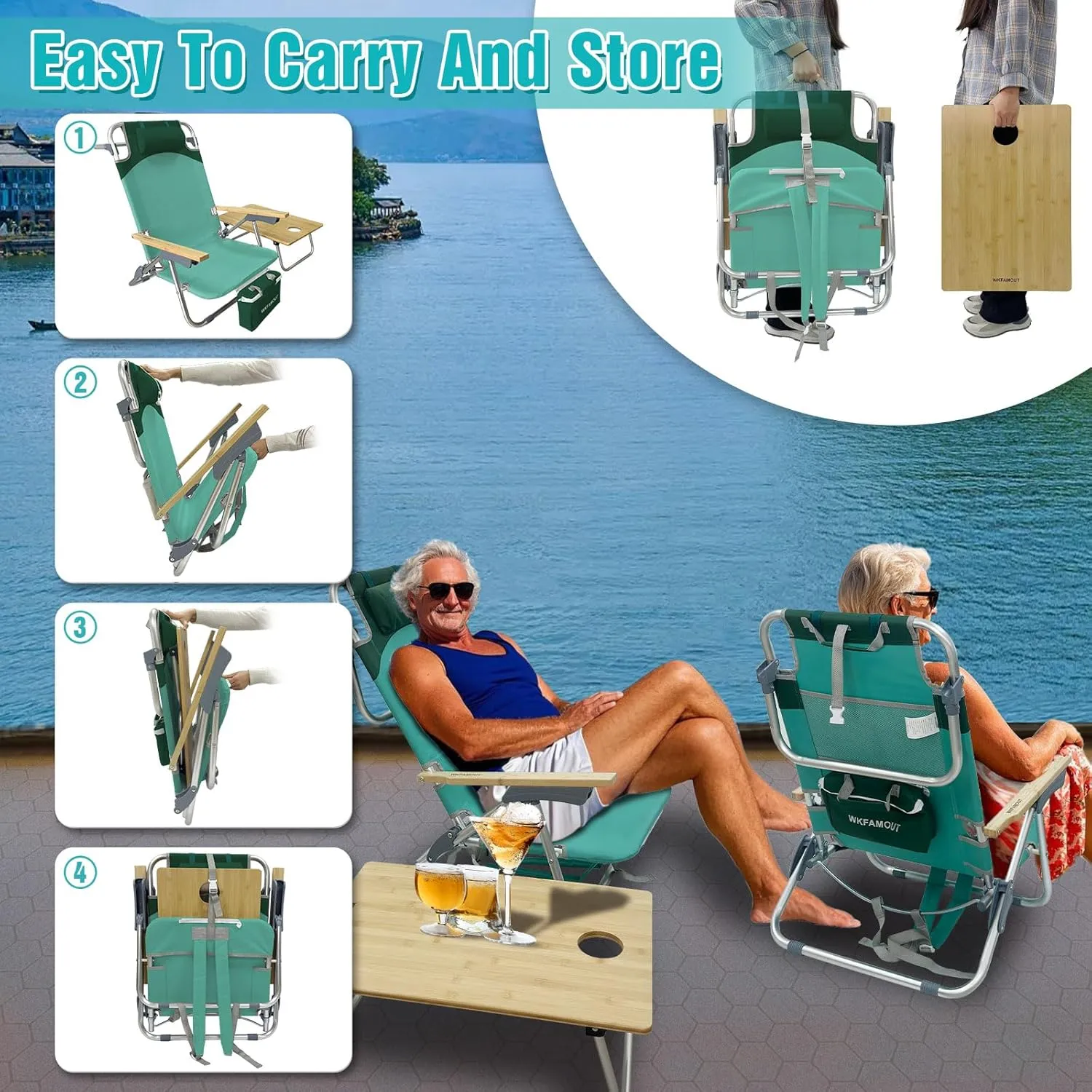 Folding Backpack Beach Chair 2 Pack Aluminum 5-Position with Camping Bamboo Table Lay Flat Lounge Chair Outdoor for Adults with Insulated Cooler Bag