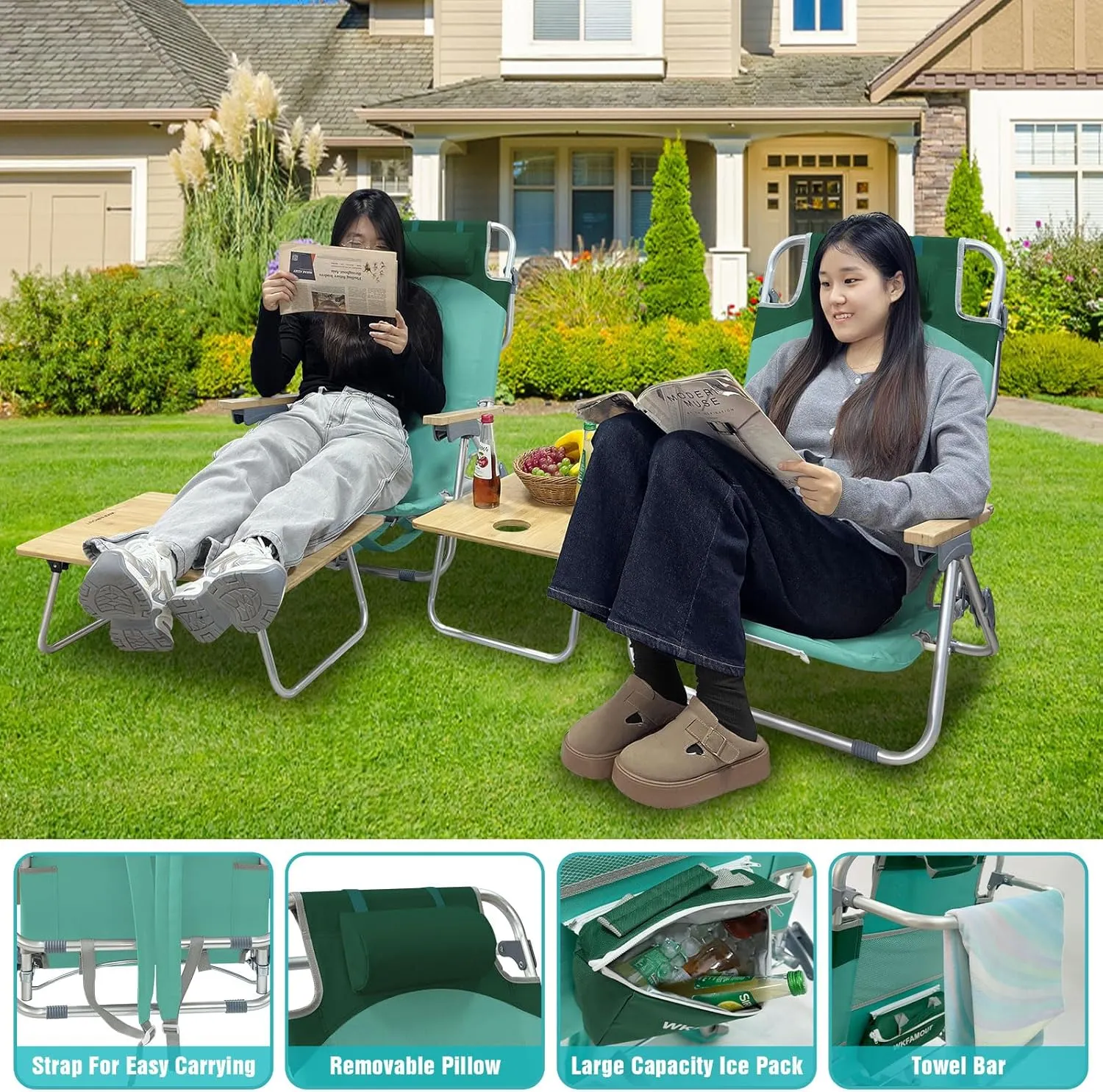 Folding Backpack Beach Chair 2 Pack Aluminum 5-Position with Camping Bamboo Table Lay Flat Lounge Chair Outdoor for Adults with Insulated Cooler Bag