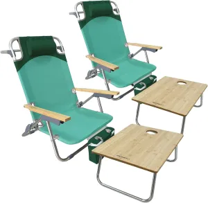 Folding Backpack Beach Chair 2 Pack Aluminum 5-Position with Camping Bamboo Table Lay Flat Lounge Chair Outdoor for Adults with Insulated Cooler Bag