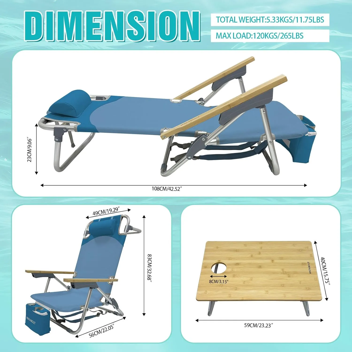 Folding Backpack Beach Chair 2 Pack Aluminum 5-Position with Samll Camping Table Bamboo Lay Flat Lounge Chair Outdoor for Adults with Insulated Cooler Bag
