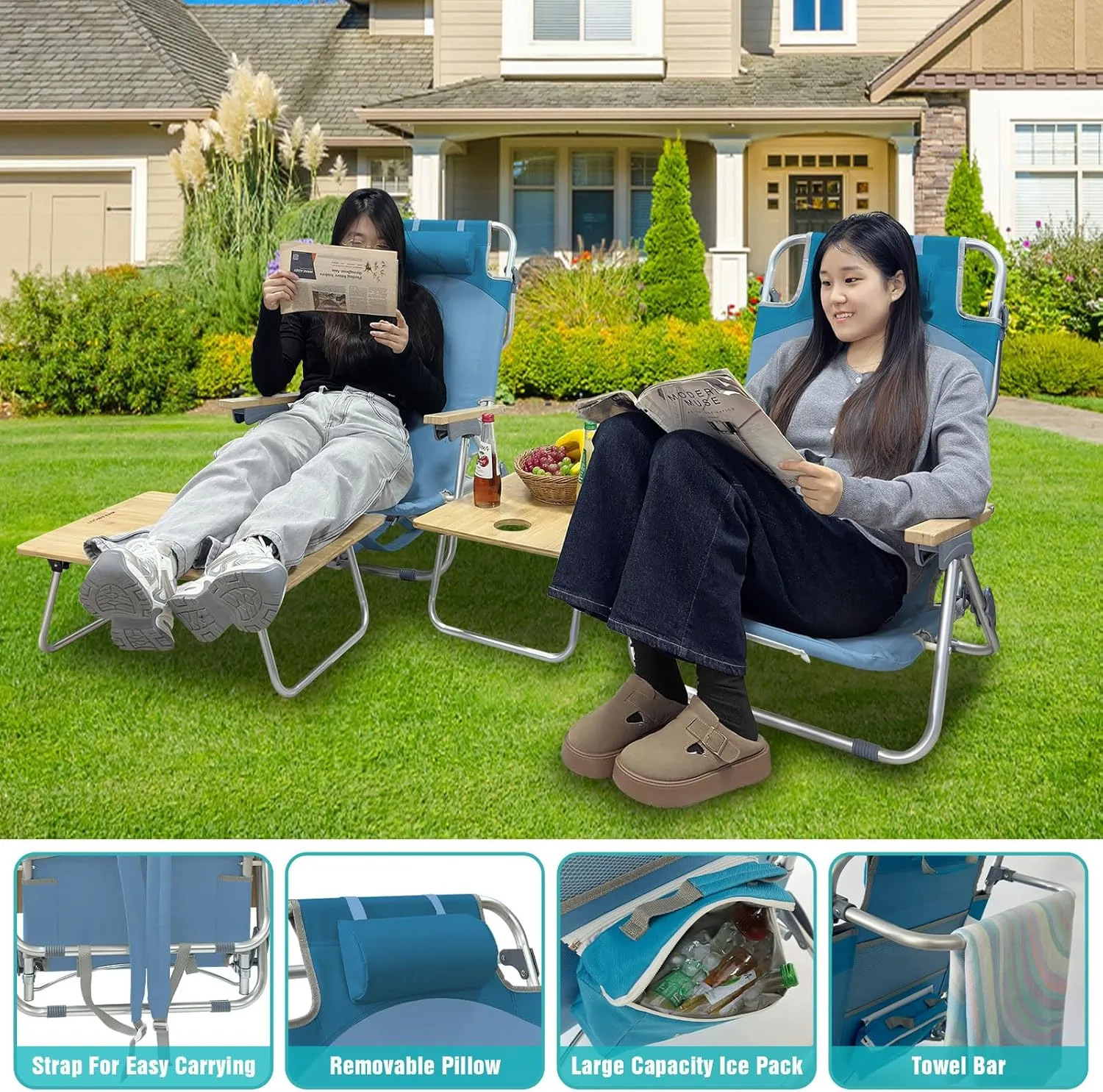 Folding Backpack Beach Chair 2 Pack Aluminum 5-Position with Samll Camping Table Bamboo Lay Flat Lounge Chair Outdoor for Adults with Insulated Cooler Bag