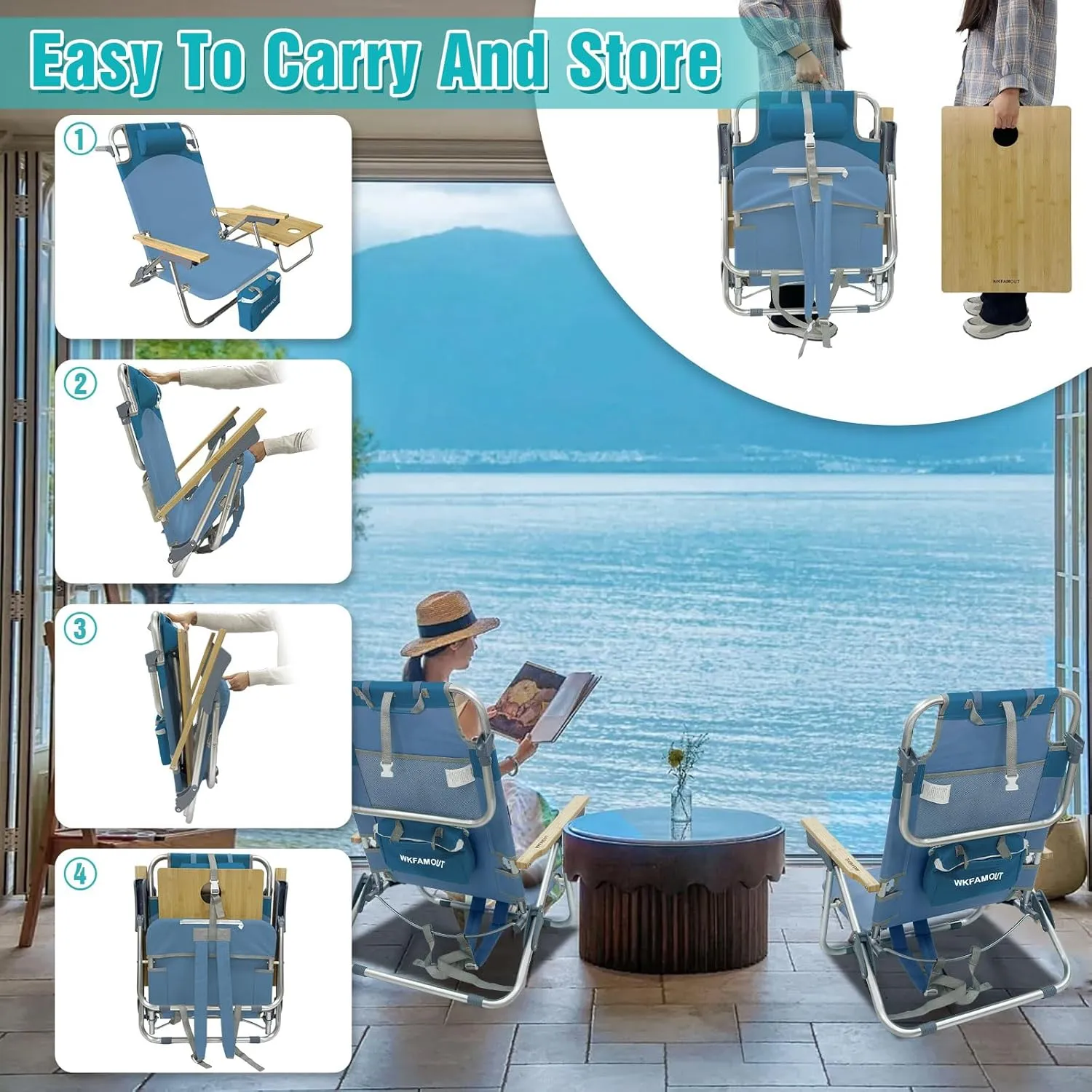 Folding Backpack Beach Chair 2 Pack Aluminum 5-Position with Samll Camping Table Bamboo Lay Flat Lounge Chair Outdoor for Adults with Insulated Cooler Bag