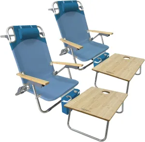 Folding Backpack Beach Chair 2 Pack Aluminum 5-Position with Samll Camping Table Bamboo Lay Flat Lounge Chair Outdoor for Adults with Insulated Cooler Bag