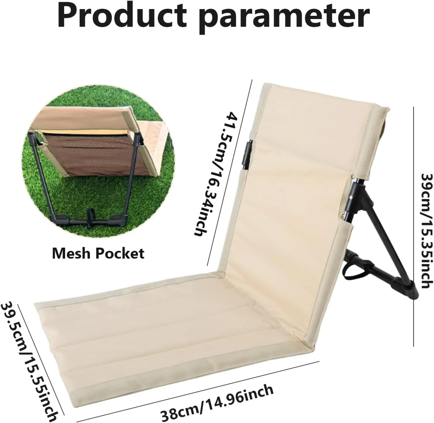 Folding Beach Chair Breathable Stable Portable Beach Chair with Sponge Filling & Mesh Pocket Lightweight Soft Sturdy Folding Floor for Fishing, Barbecues, Hiking, (Beige)