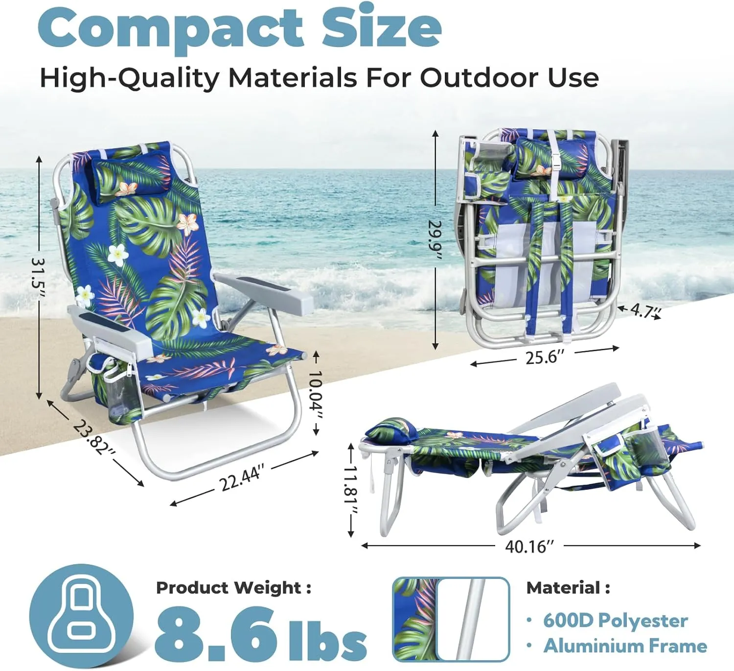 Folding Beach Chair for Adults, 10'' Low Sand Chairs with Cup Holder, 5-Position Recling Backpack Beach Chair Aluminum Frame, Portable for Travel & Outdoor, Supports 300lbs, Tropical Palm