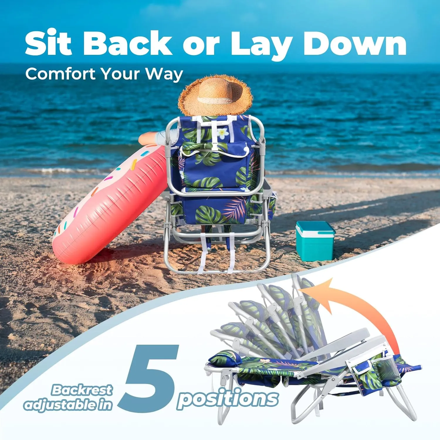 Folding Beach Chair for Adults, 10'' Low Sand Chairs with Cup Holder, 5-Position Recling Backpack Beach Chair Aluminum Frame, Portable for Travel & Outdoor, Supports 300lbs, Tropical Palm