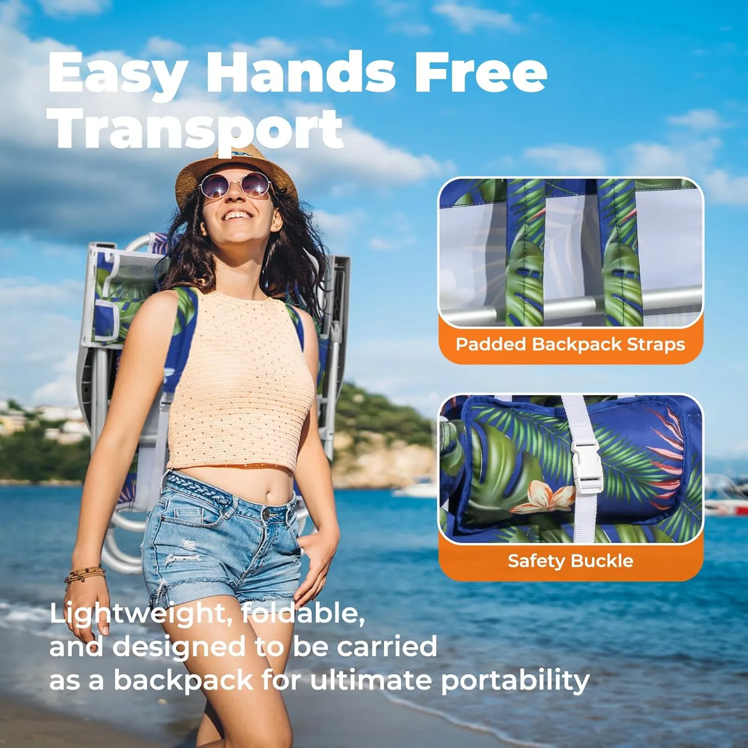 Folding Beach Chair for Adults, 10'' Low Sand Chairs with Cup Holder, 5-Position Recling Backpack Beach Chair Aluminum Frame, Portable for Travel & Outdoor, Supports 300lbs, Tropical Palm