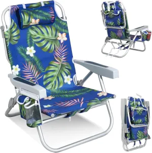 Folding Beach Chair for Adults, 10'' Low Sand Chairs with Cup Holder, 5-Position Recling Backpack Beach Chair Aluminum Frame, Portable for Travel & Outdoor, Supports 300lbs, Tropical Palm