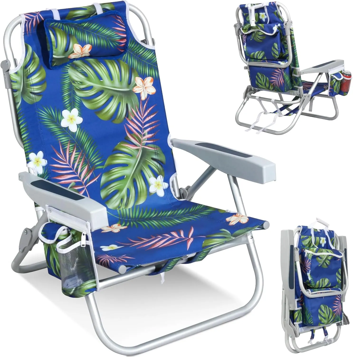 Folding Beach Chair for Adults, 10'' Low Sand Chairs with Cup Holder, 5-Position Recling Backpack Beach Chair Aluminum Frame, Portable for Travel & Outdoor, Supports 300lbs, Tropical Palm