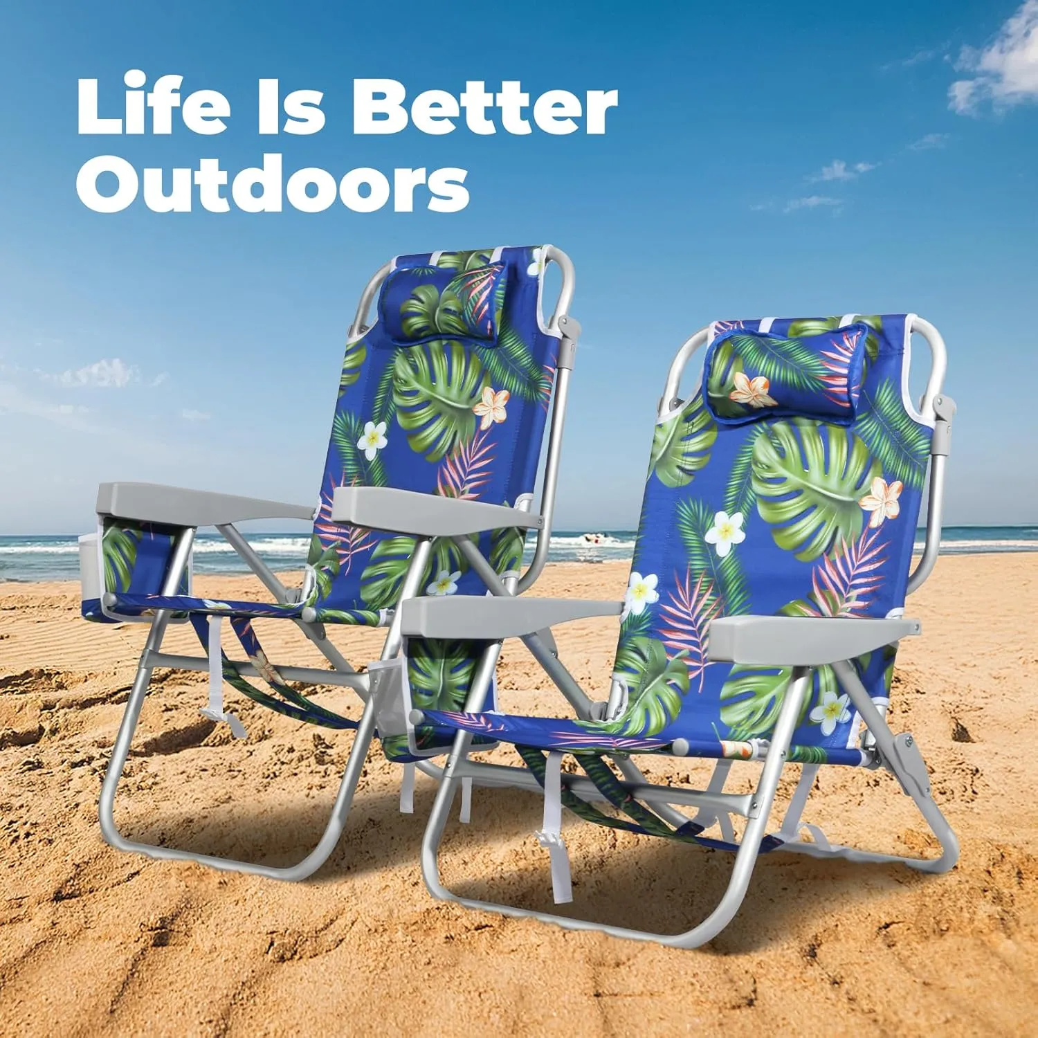 Folding Beach Chair for Adults, 10'' Low Sand Chairs with Cup Holder, 5-Position Recling Backpack Beach Chair Aluminum Frame, Portable for Travel & Outdoor, Supports 300lbs, Tropical Palm