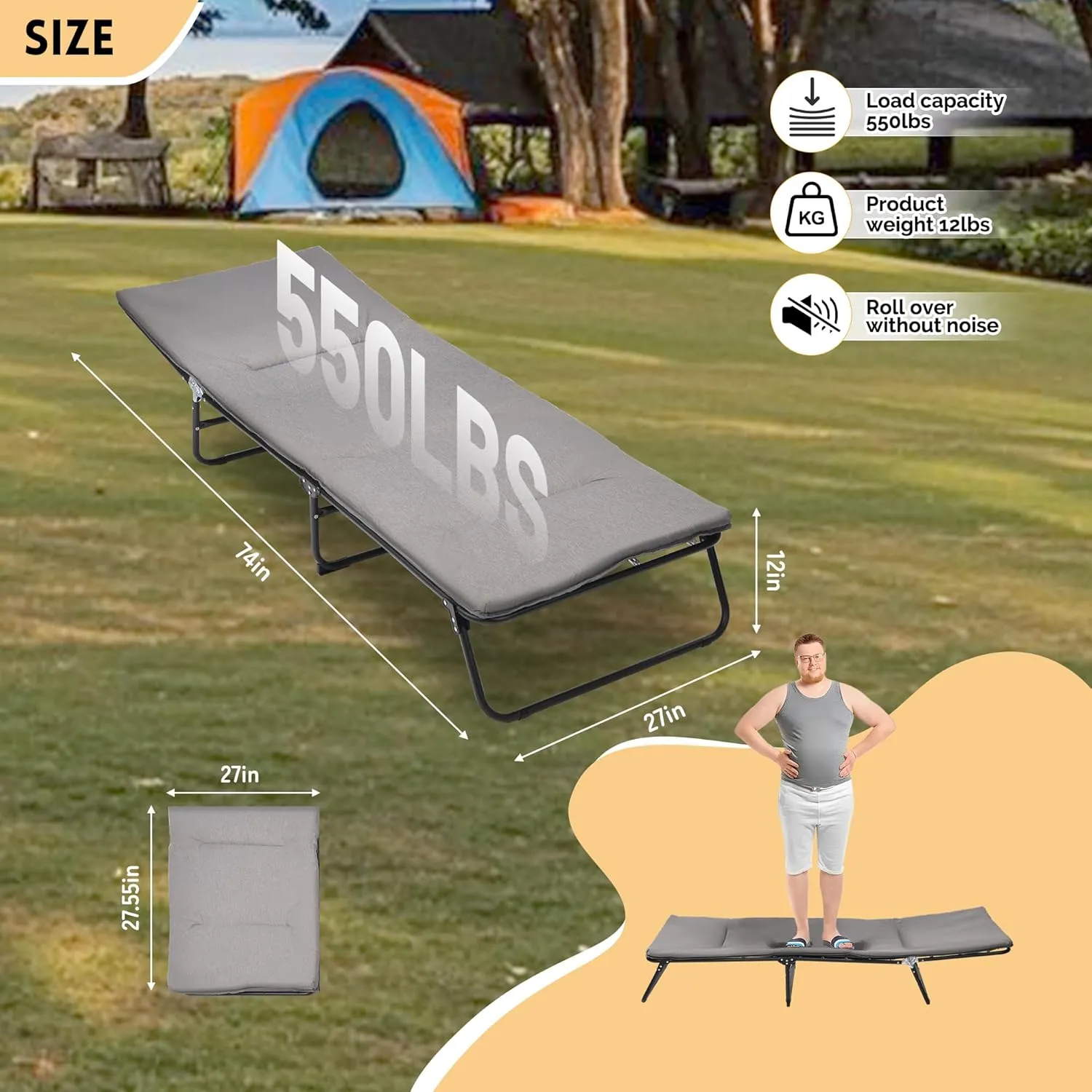 Folding Camping Cot for Adults, 5-Angle Adjustable Camping Cot Outdoor Camping Bed with Carry Bag,1200 D Layer Oxford Travel Portable Camp Cots for Hiking, Beach, Office Nap (Grey)