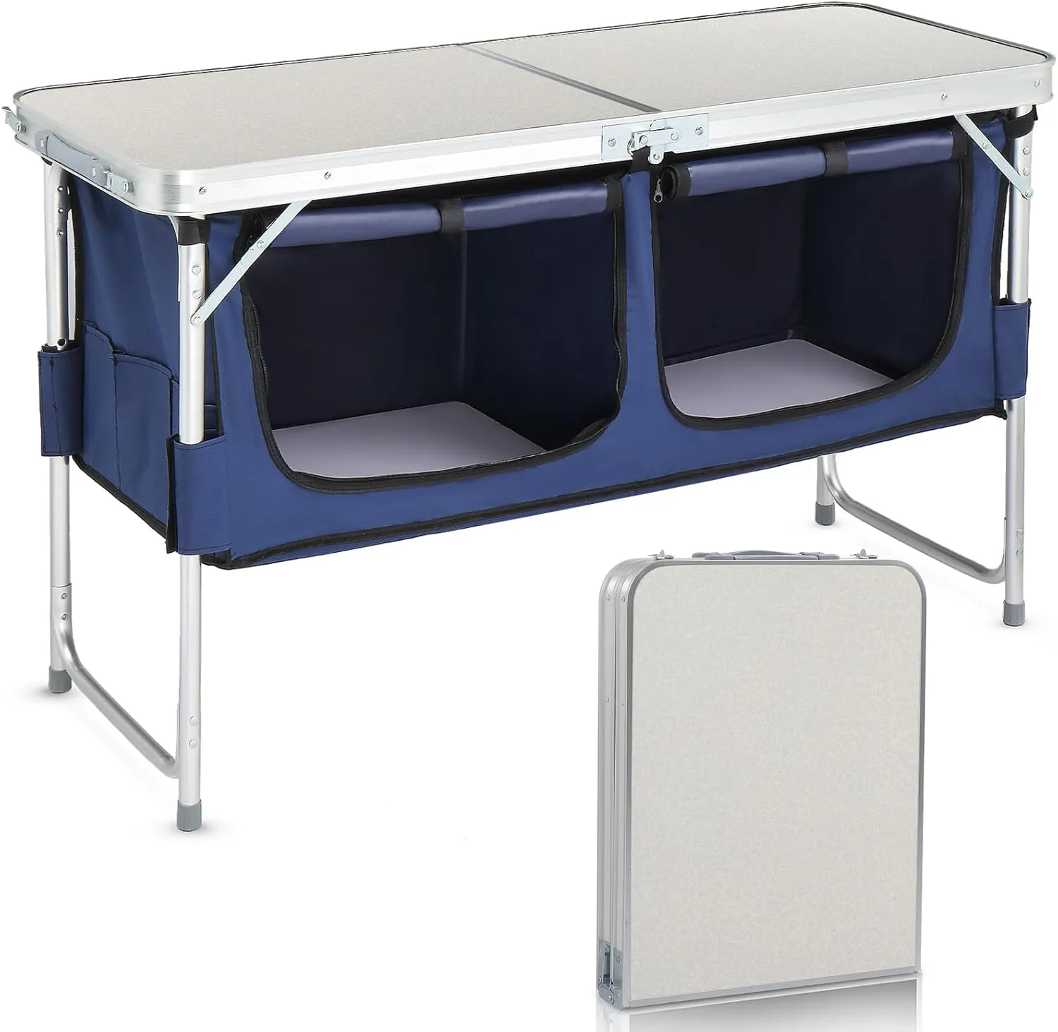 Folding Camping Table,4 Ft Aluminum Table with Adjustable Legs & Storage,Portable Camp Kitchen Table for Outdoor Travel Beach,Backyards,BBQ,Party and Picnic