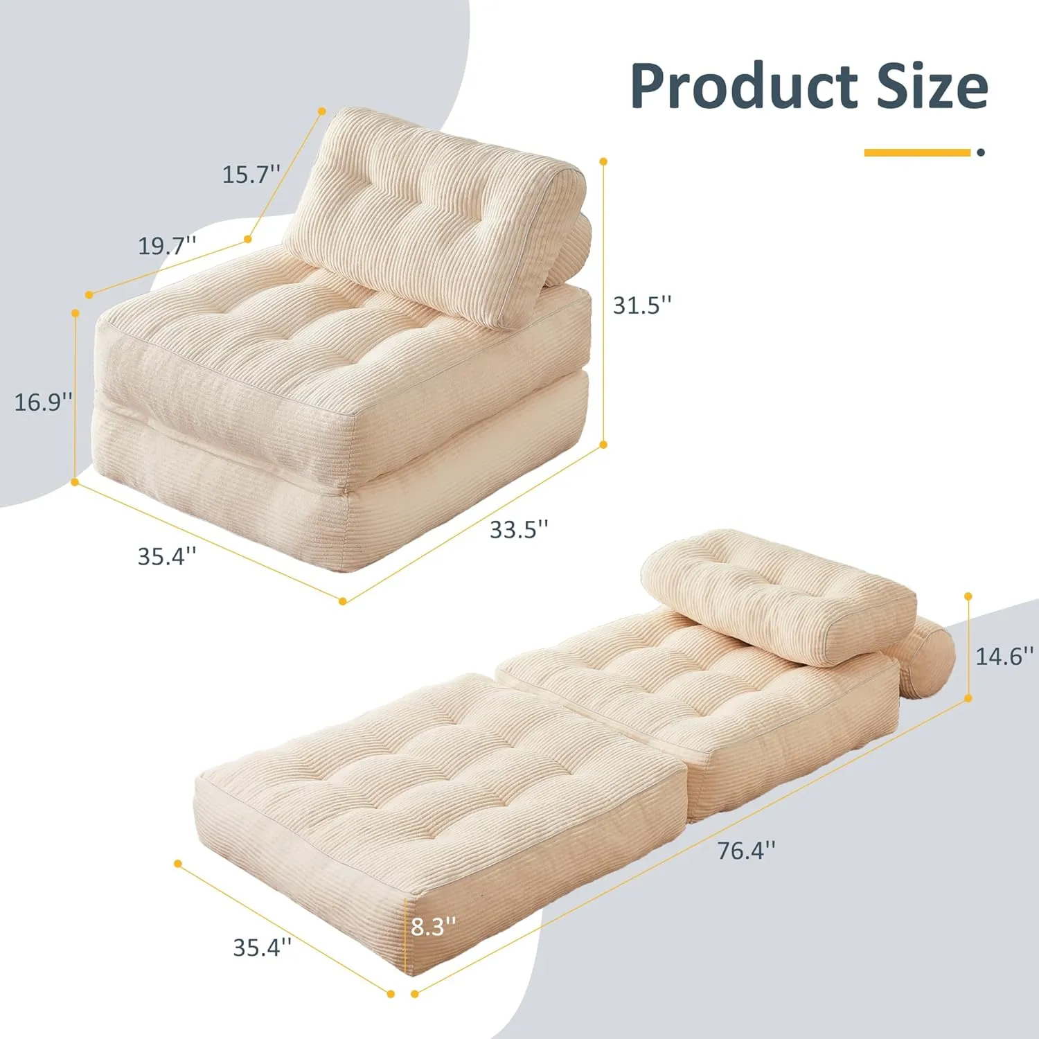 Folding Chair Bed, Futon Sofa, Floor Couch for Adults Chair for Living Room, Lounge Sofa, Convertible Sofa Bed, Small Couches for Small Spaces, Beige