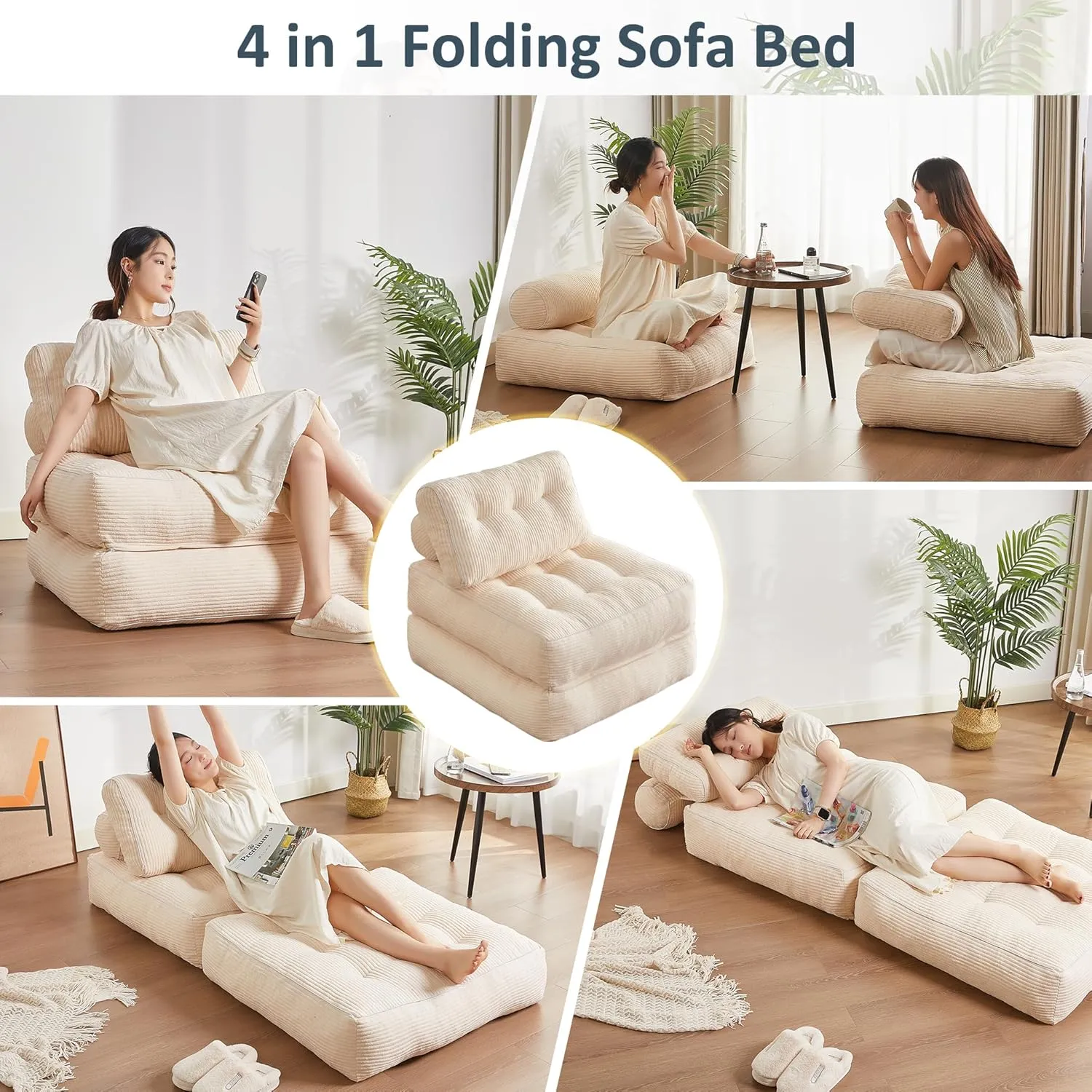 Folding Chair Bed, Futon Sofa, Floor Couch for Adults Chair for Living Room, Lounge Sofa, Convertible Sofa Bed, Small Couches for Small Spaces, Beige
