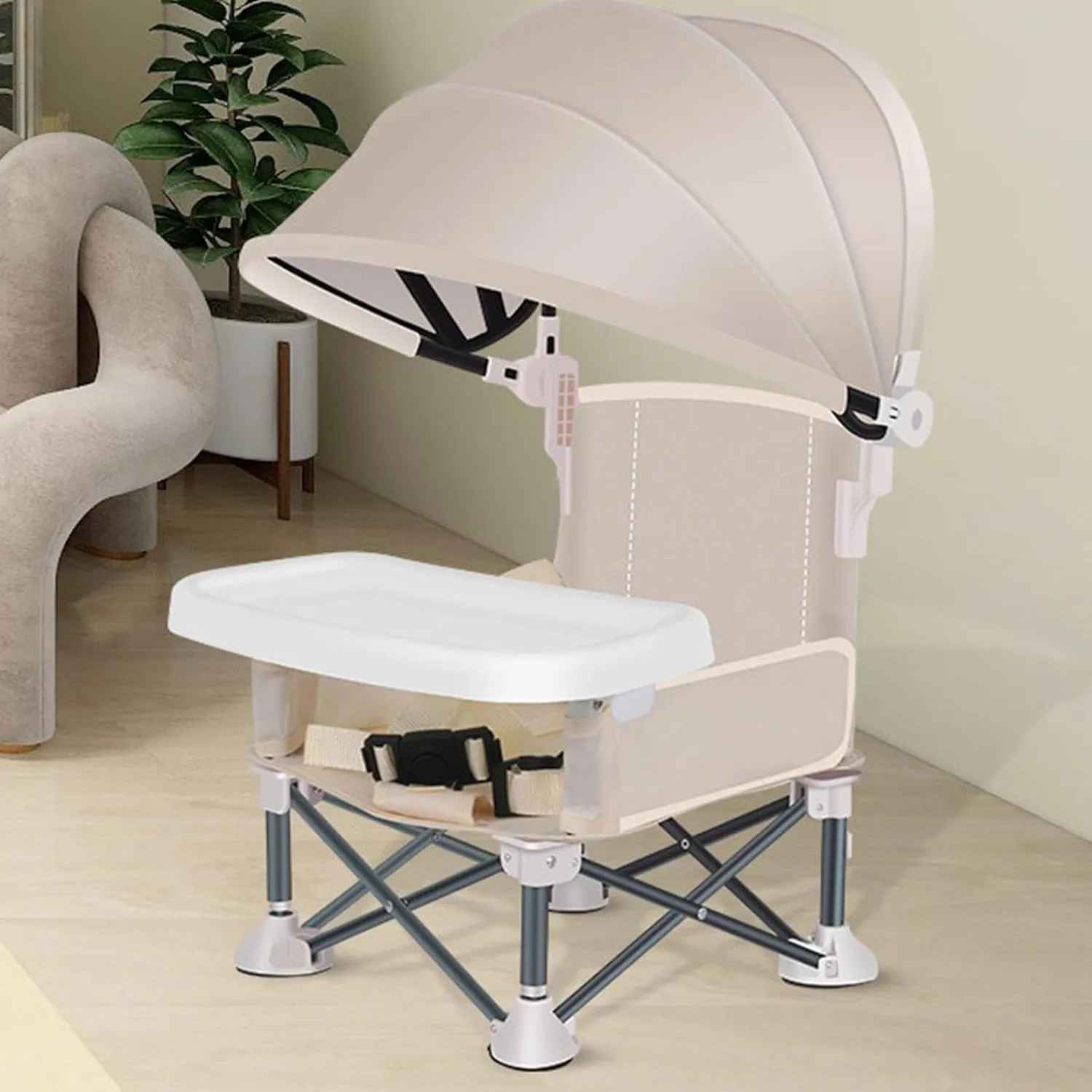 Folding Chairs for Outside Inside, Portable Booster Seat for Table Camping Chairs with Tray & Canopy Travel Essentials, Sun Protection Outdoor Foldable Chair Housewarming Gifts