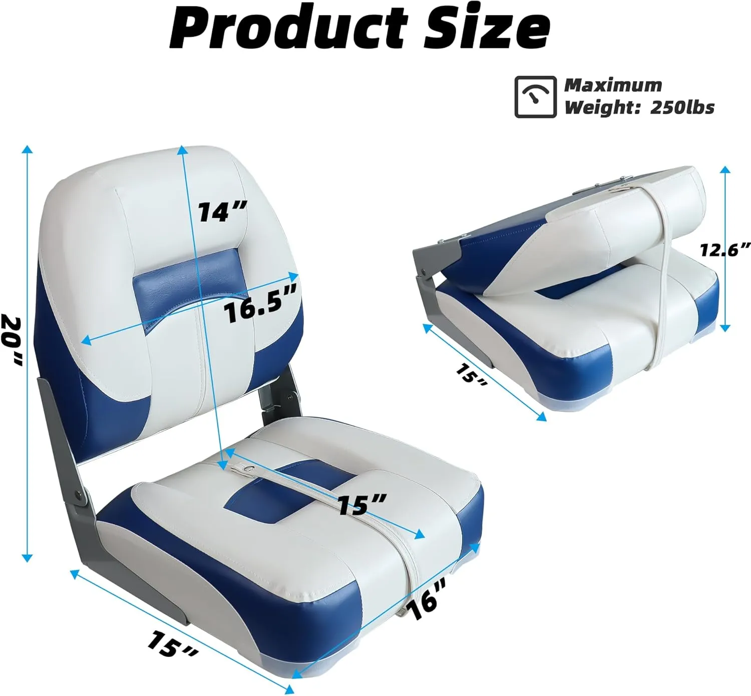 Folding Fishing Boat Seats Low Back 2 Pack, Waterproof Boat Captain Chairs, Stainless Steel Screws Included, Blue and White