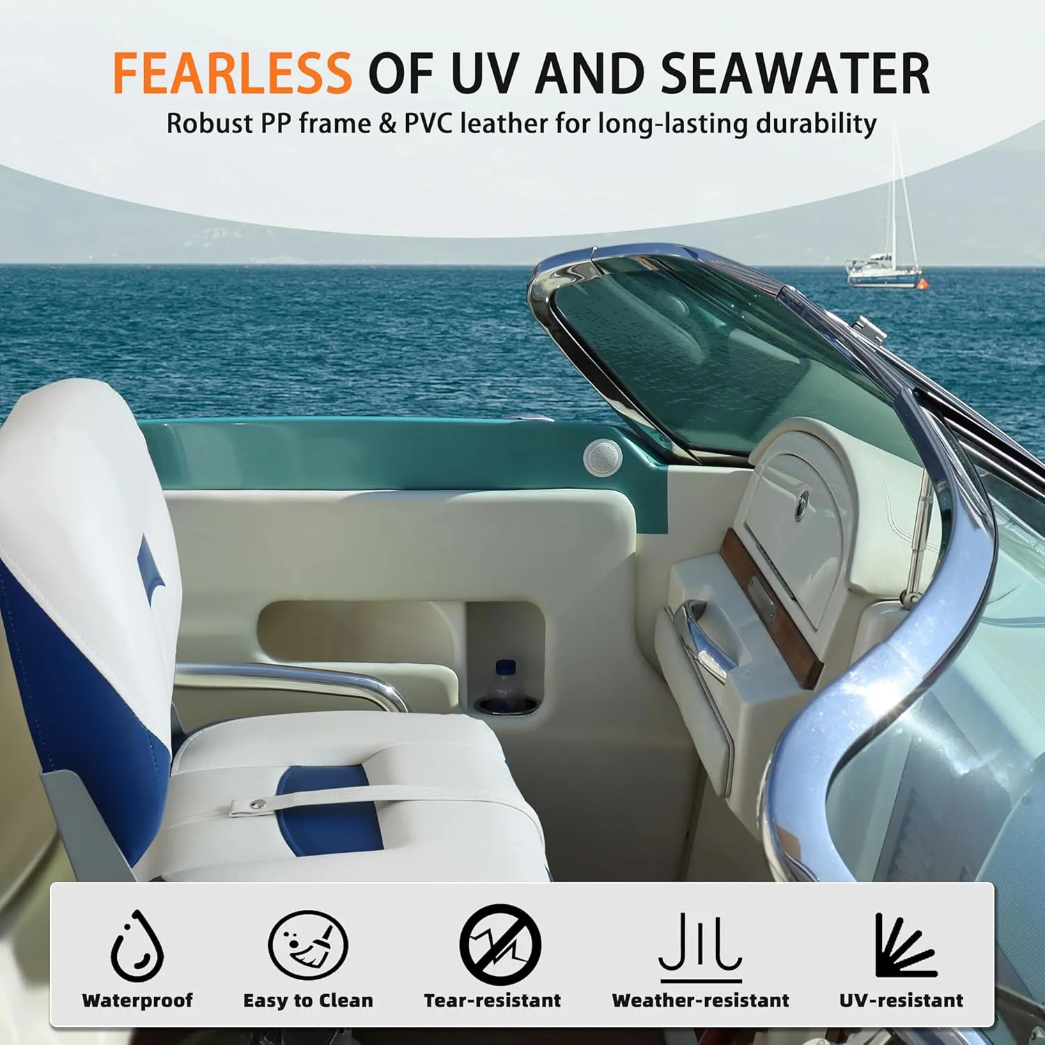 Folding Fishing Boat Seats Low Back 2 Pack, Waterproof Boat Captain Chairs, Stainless Steel Screws Included, Blue and White