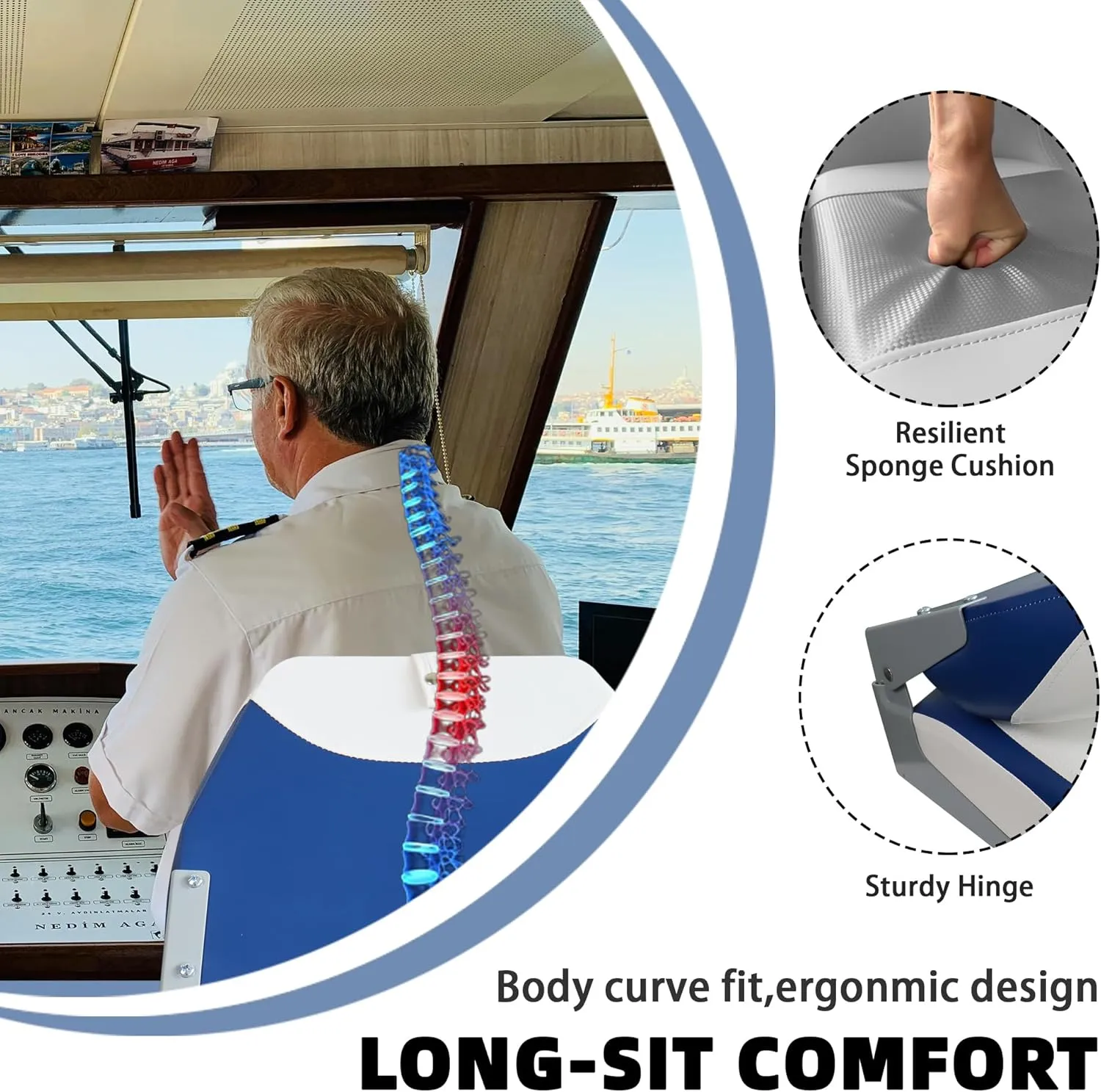 Folding Fishing Boat Seats Low Back 2 Pack, Waterproof Boat Captain Chairs, Stainless Steel Screws Included, Blue and White