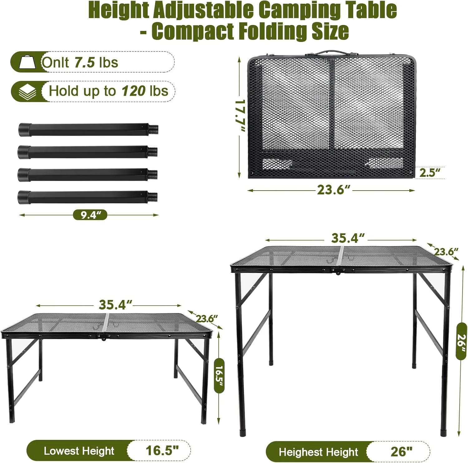 Folding Grill Table: 3x2 Ft Portable Camping Table, Lightweight Height Adjustable Metal Table with Mesh Desktop and Carrying Handle,Portable Grill Table for Camping, Picnic, Beach and BBQ