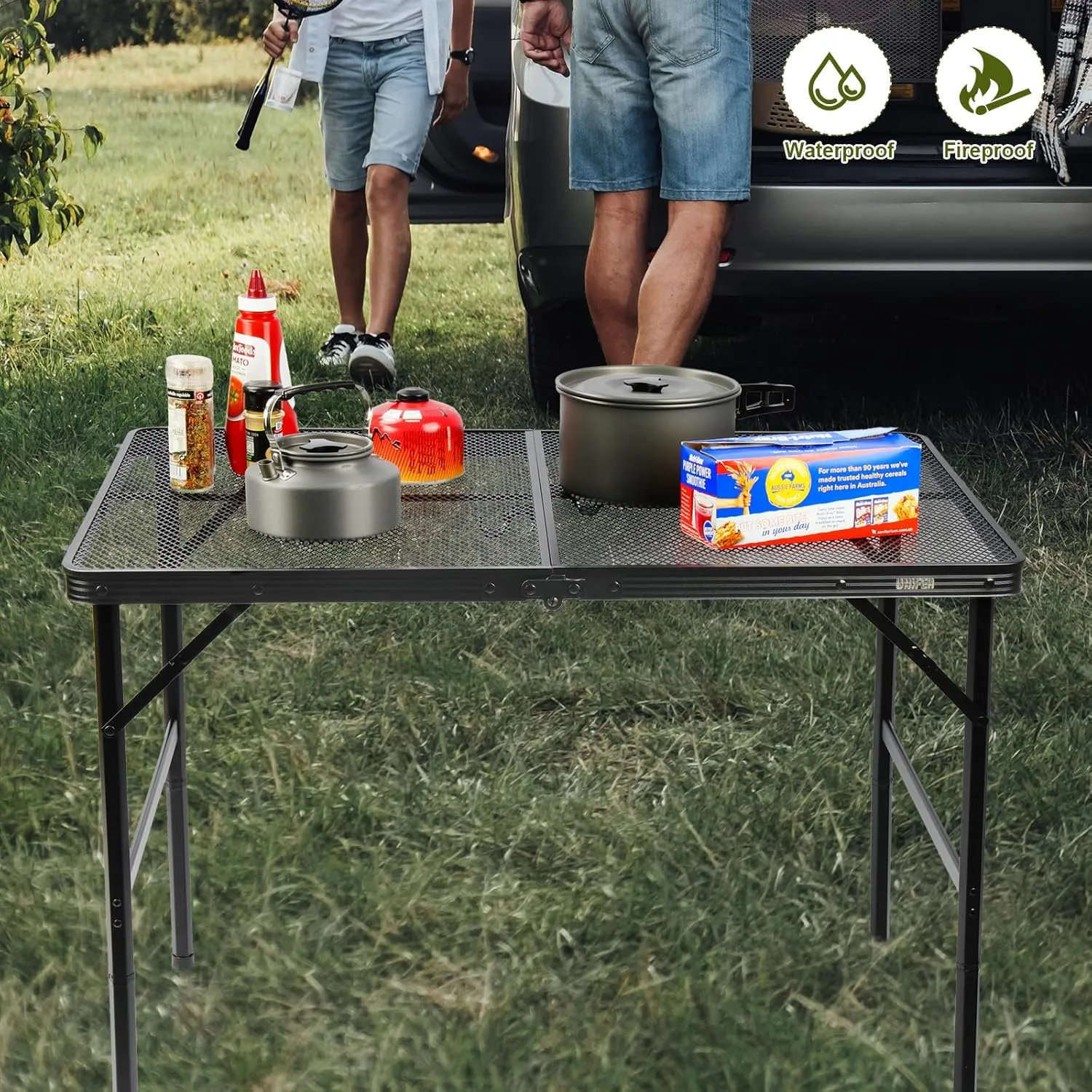 Folding Grill Table: 3x2 Ft Portable Camping Table, Lightweight Height Adjustable Metal Table with Mesh Desktop and Carrying Handle,Portable Grill Table for Camping, Picnic, Beach and BBQ