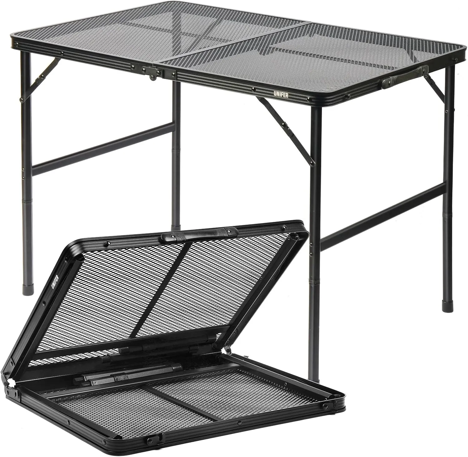 Folding Grill Table: 3x2 Ft Portable Camping Table, Lightweight Height Adjustable Metal Table with Mesh Desktop and Carrying Handle,Portable Grill Table for Camping, Picnic, Beach and BBQ
