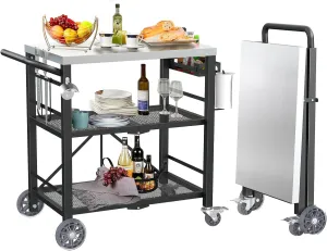 Folding Grill Table with Storage Rack, Stainless Steel Outdoor BBQ Cart, 3 Shelf Portable Grill Cart, Outdoor Kitchen Island and Pizza Oven Table for Blackstone Griddle
