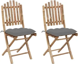 Folding Patio Chairs 2 pcs with Cushions Bamboo Outdoor Garden Furniture Dining Chairs with Gray Cushions Durable and Comfortable Patio Furniture Set for Outdoor Lounging