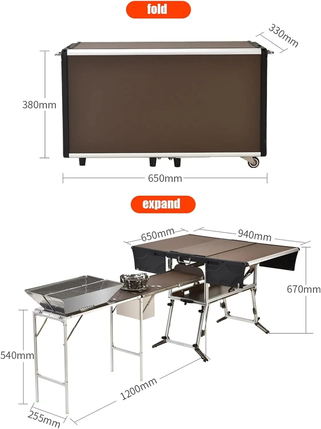 Folding Portable Grill Table with 37'' Main Tabletop, Aluminum Quick Set-up, Outdoor Mobile Kitchen Food Prep Station for Picnic Tailgating RV Backyard (Color : Package 2)