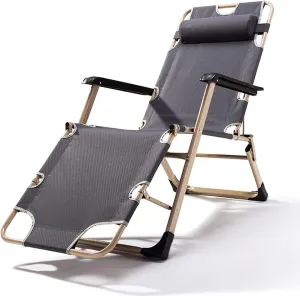 Folding Reclining Chair, Adjustable Office & Terrace Lounge Chair, Portable Camping Sun Lounger with Lake Blue Cotton Pad(Gray Chair)
