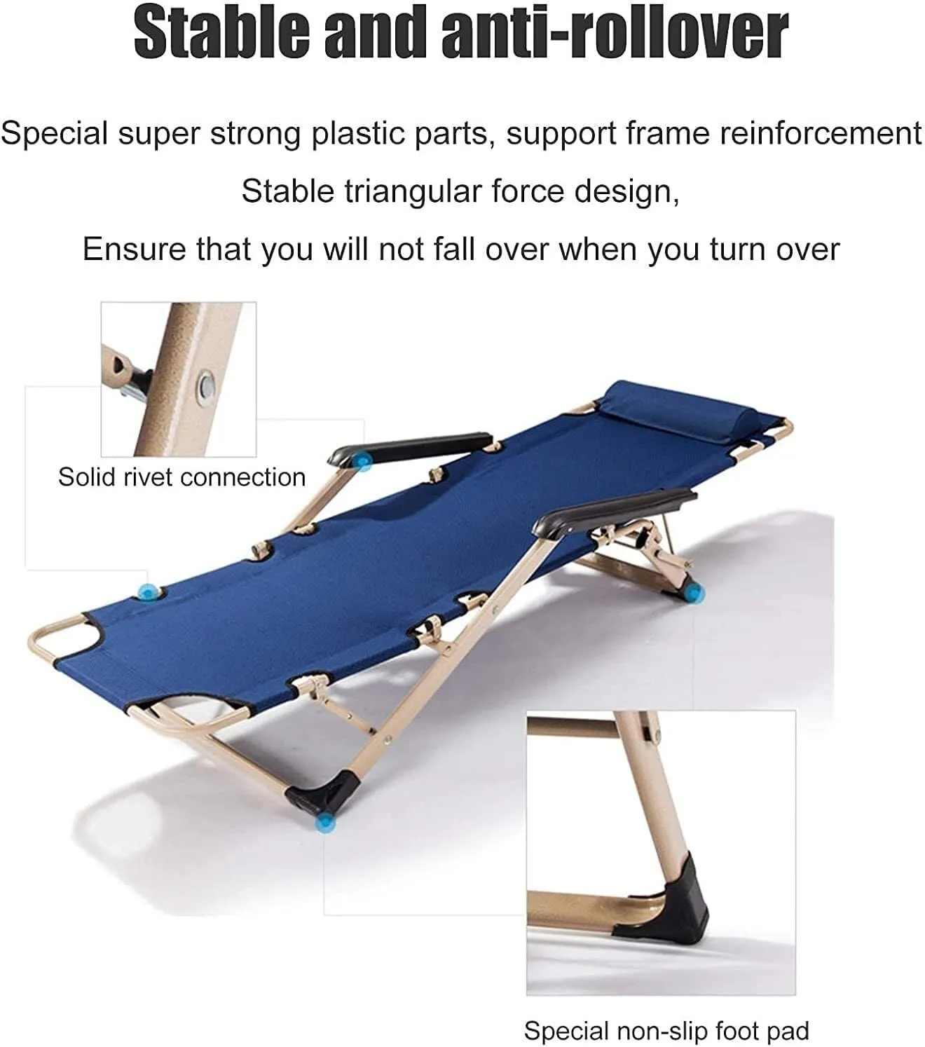 Folding Reclining Chair, Adjustable Office & Terrace Lounge Chair, Portable Camping Sun Lounger with Lake Blue Cotton Pad(Gray Chair)