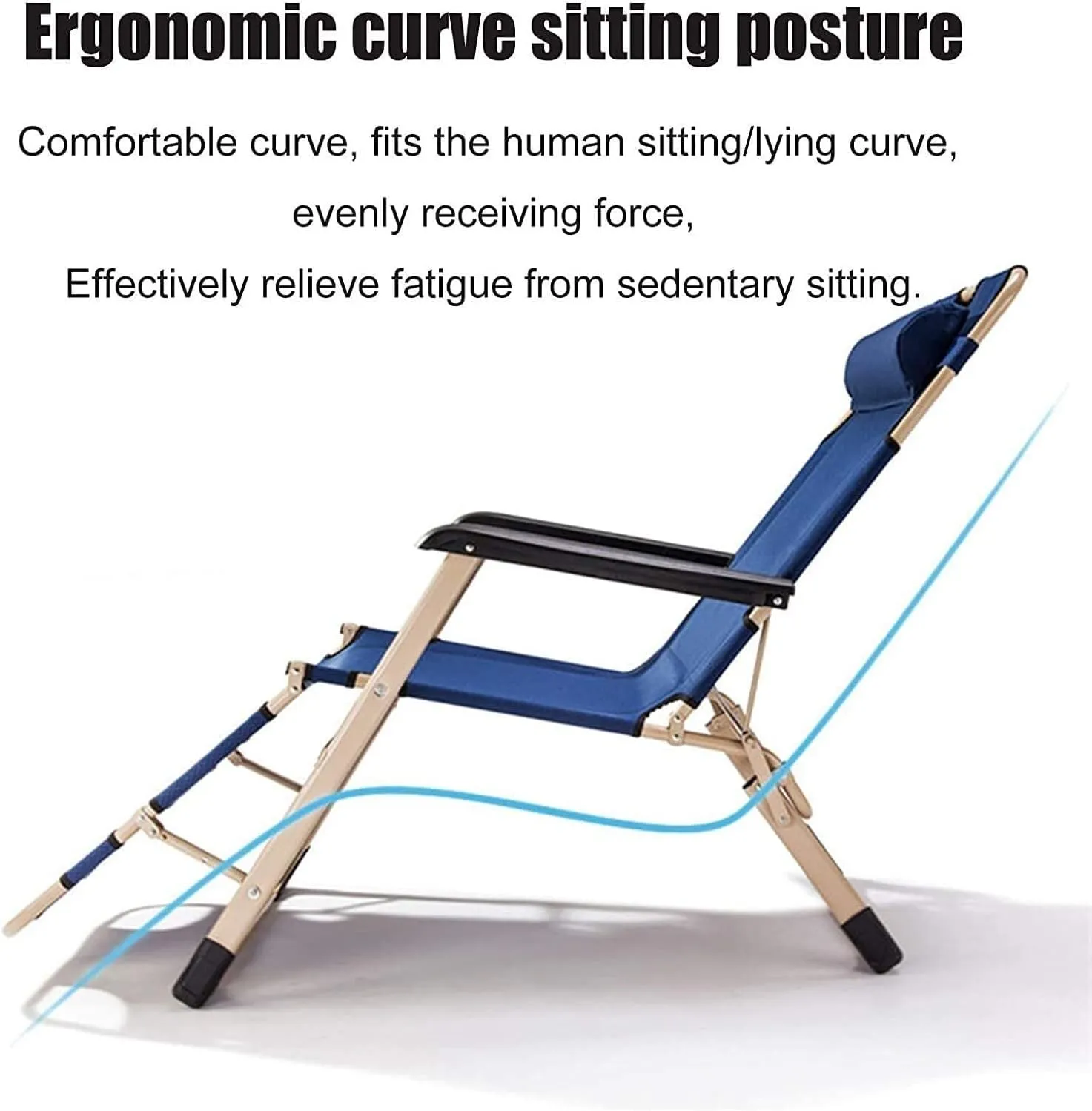 Folding Reclining Chair, Adjustable Office & Terrace Lounge Chair, Portable Camping Sun Lounger with Lake Blue Cotton Pad(Gray Chair)