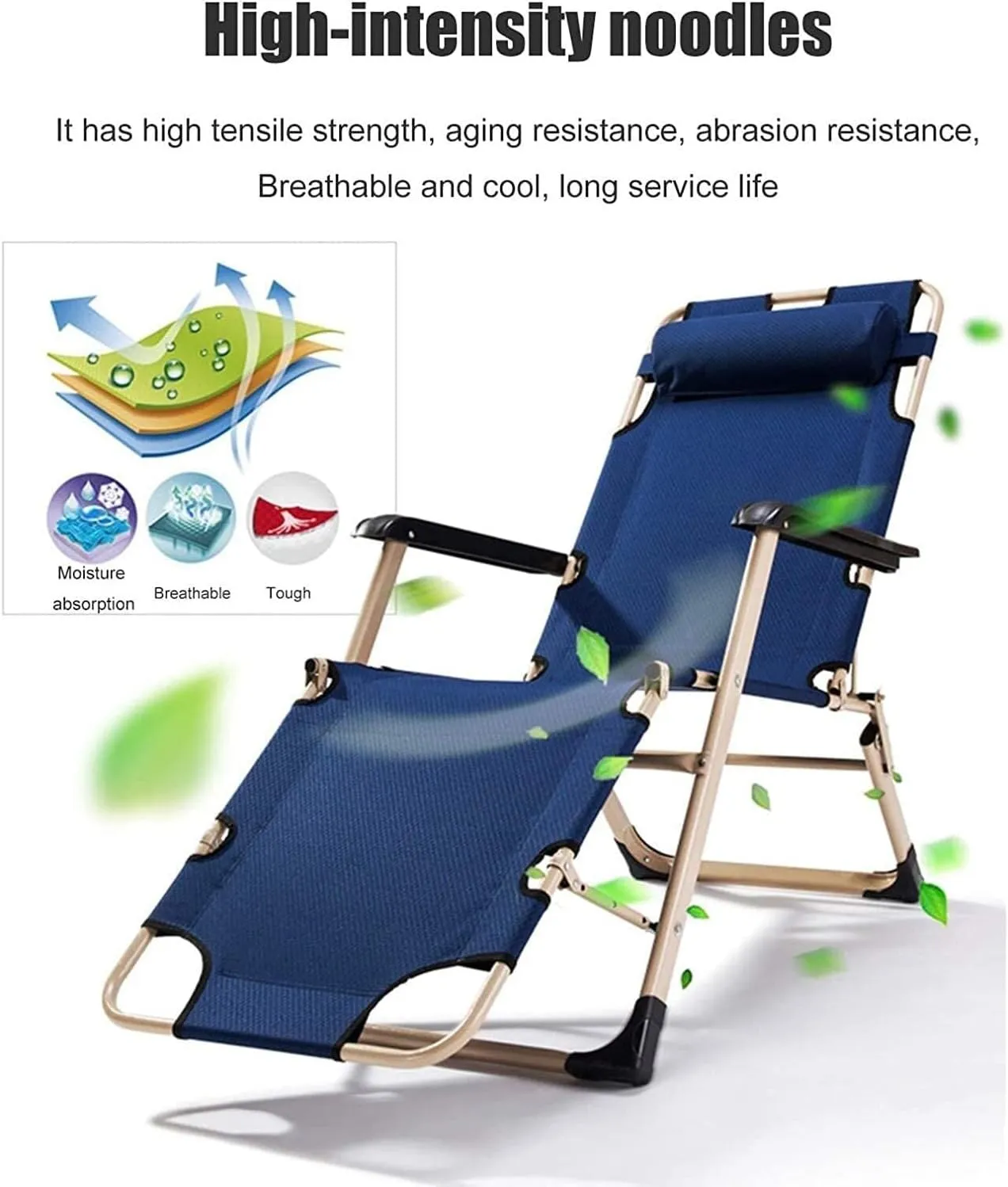 Folding Reclining Chair, Adjustable Office & Terrace Lounge Chair, Portable Camping Sun Lounger with Lake Blue Cotton Pad(Gray Chair)