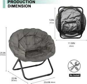 Folding Saucer Chair for Adult, Comfy Padded Moon Chairs with Faux Fur, Round Portable Lounge Chair with Metal Frame, Reading Relaxing Lightweight Seat for Bedroom Living Room Dorm (Grey, 2 Pack)