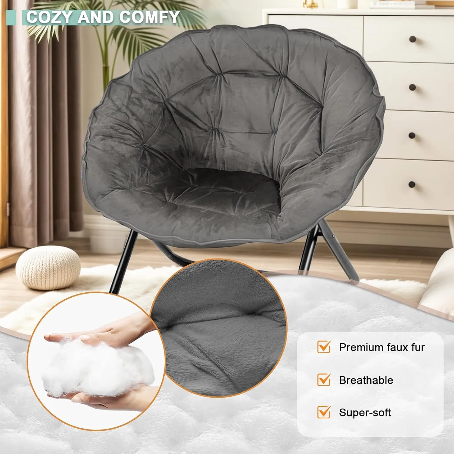 Folding Saucer Chair for Adult, Comfy Padded Moon Chairs with Faux Fur, Round Portable Lounge Chair with Metal Frame, Reading Relaxing Lightweight Seat for Bedroom Living Room Dorm (Grey, 2 Pack)