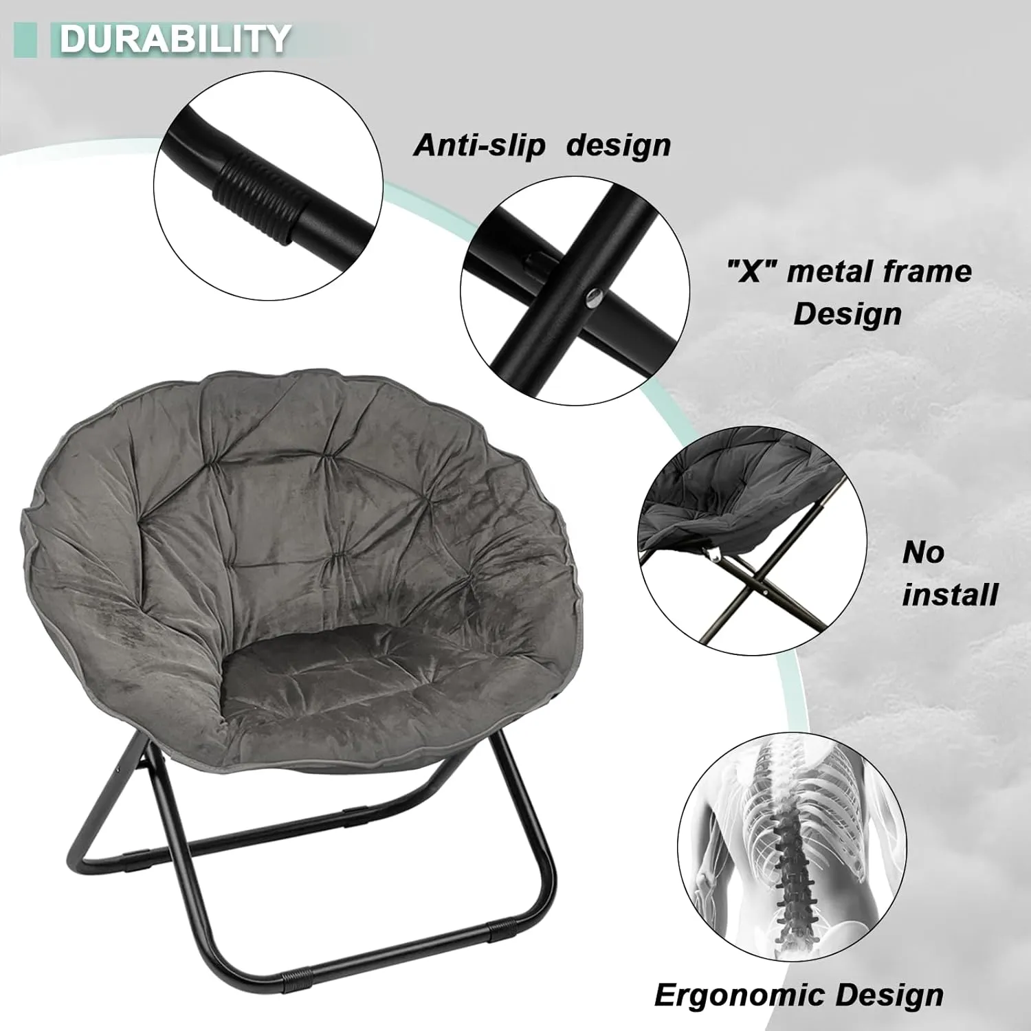 Folding Saucer Chair for Adult, Comfy Padded Moon Chairs with Faux Fur, Round Portable Lounge Chair with Metal Frame, Reading Relaxing Lightweight Seat for Bedroom Living Room Dorm (Grey, 2 Pack)