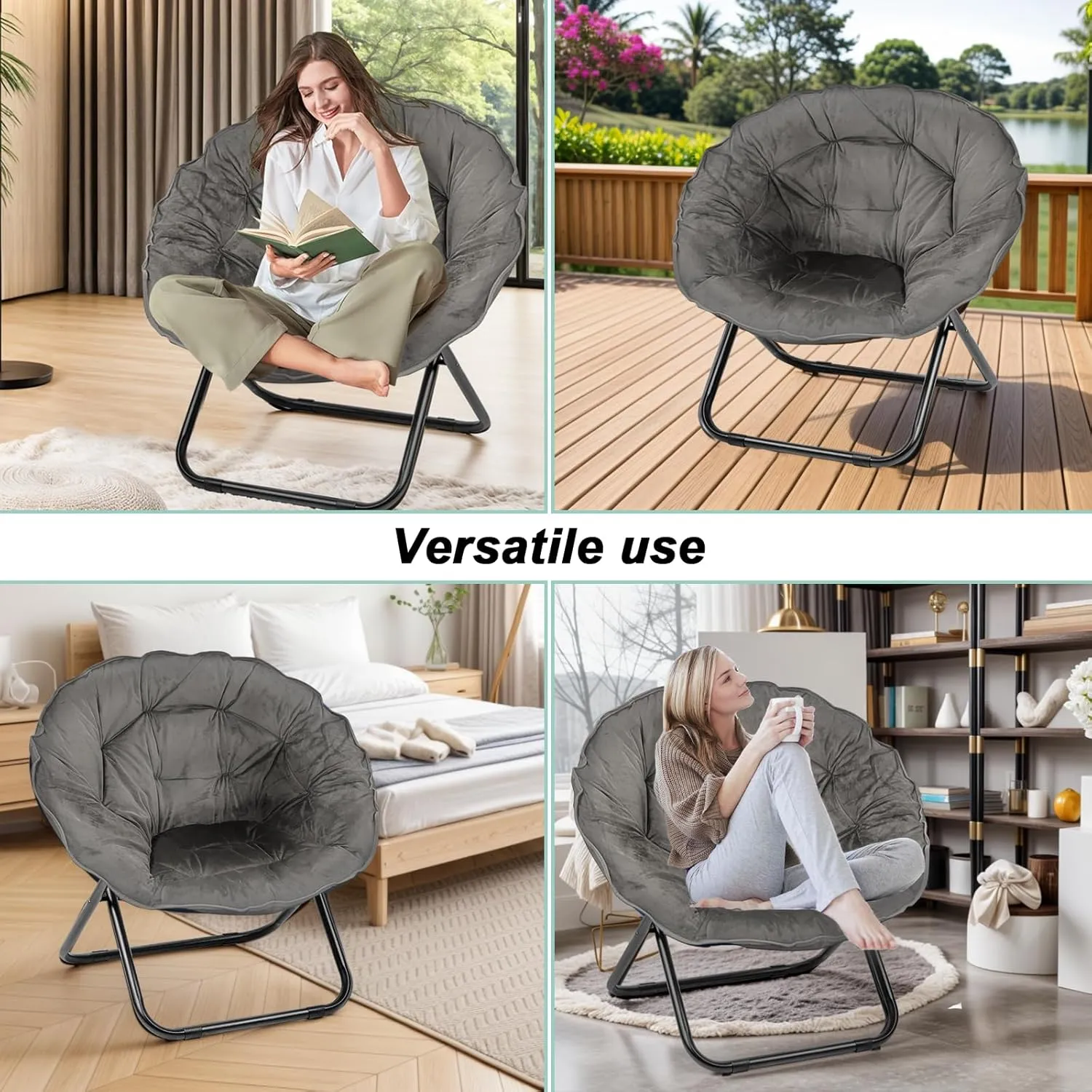 Folding Saucer Chair for Adult, Comfy Padded Moon Chairs with Faux Fur, Round Portable Lounge Chair with Metal Frame, Reading Relaxing Lightweight Seat for Bedroom Living Room Dorm (Grey, 2 Pack)
